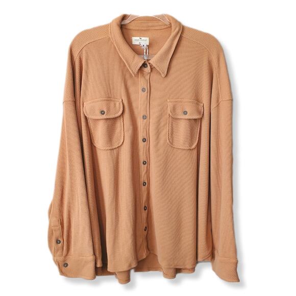 Women Heavy Tan Waffle Shirt Jacket 2X Cabincore Oversize Gorp Neutral Fall NEW - Picture 1 of 12